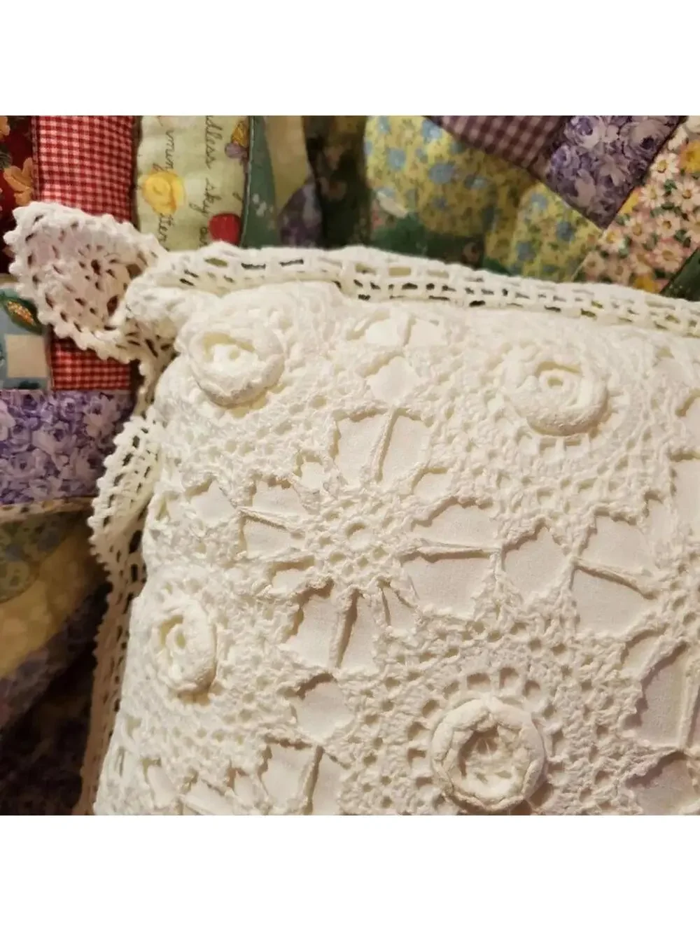 Beautiful Handmade White Crocheted Pillow
